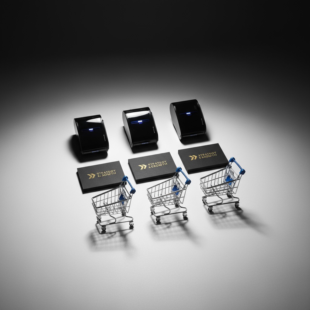 The image depicts shopping carts and retail hardware in a gradient-lit white space, with black glow lights below, showcasi...