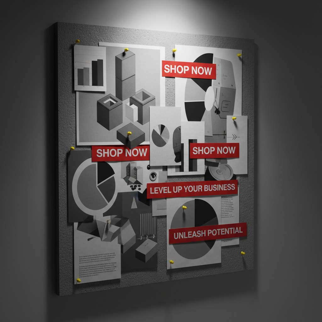 A visual representation of a bulletin board with business-related images, including pie charts, diagrams, and graphs.