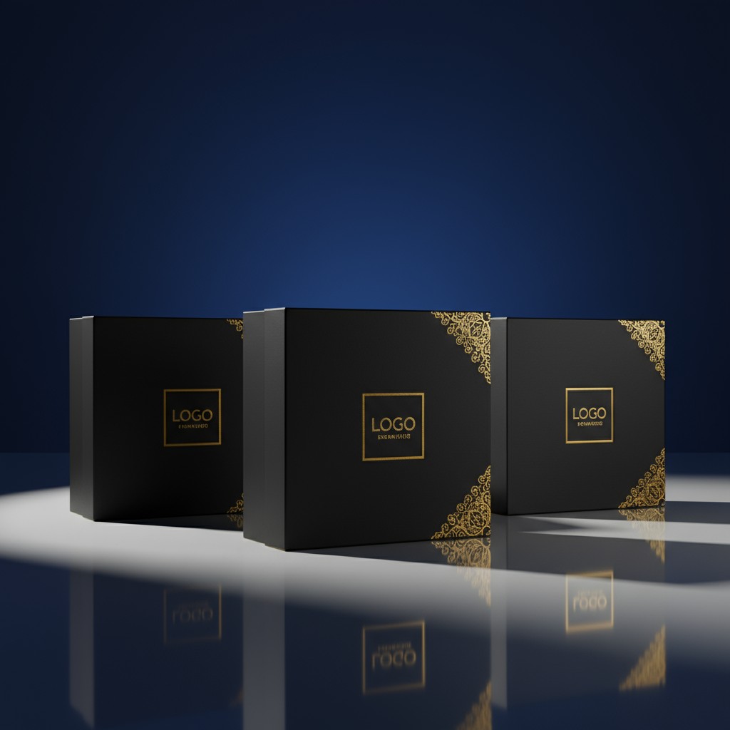 Template image of blank black and gold product boxes.