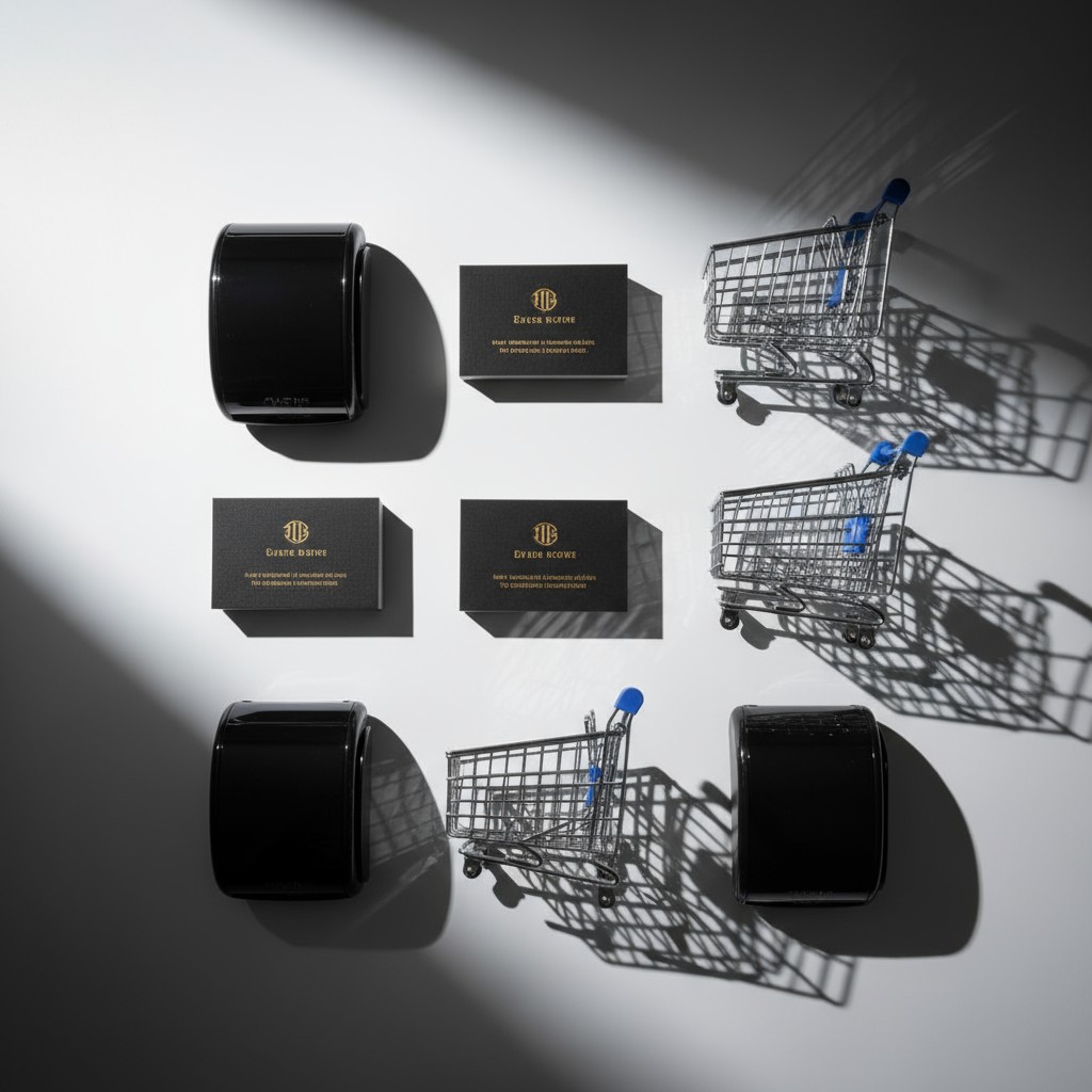 Empty shopping carts and secruity tags with company business cards scattered between the two sets in the top center section