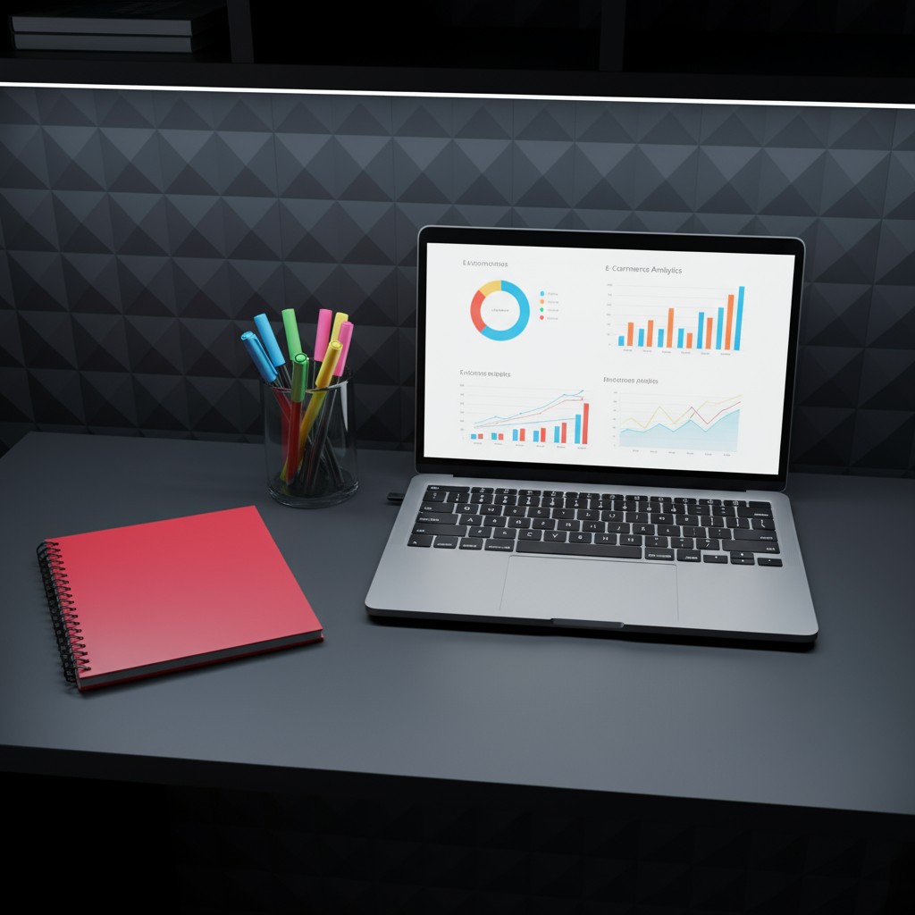 A grey desk and a laptop with data analytics shown on the screen.