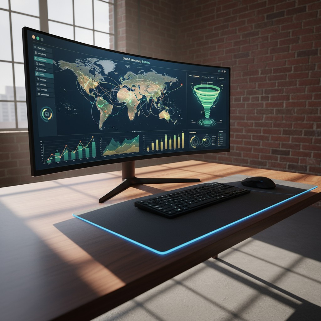 A large computer screen displaying a map with various graphs and a funnel on a desk next to a keyboard and mouse in an off...